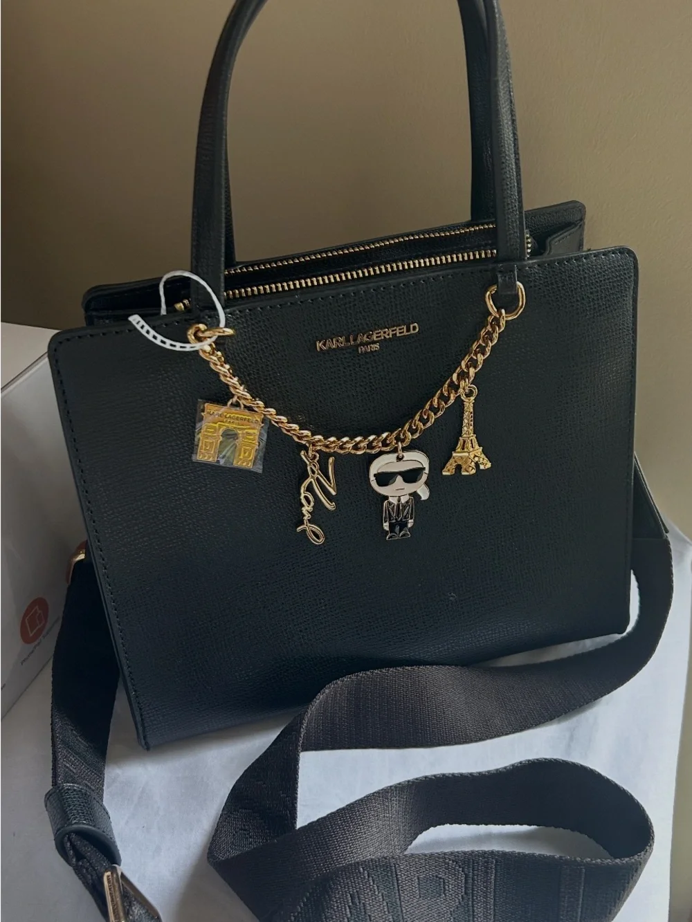 Karl Lagerfeld Black Satchel with Gold Charm Chain